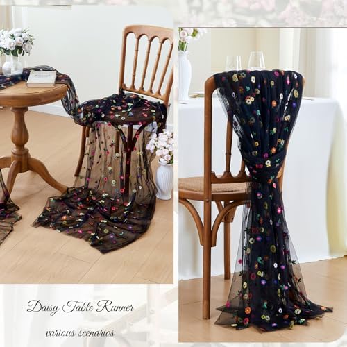 JIALE 3 Pack Black Floral Table Runner, Embroidery Daisy Seasonal Table Decorations, 120Inch 10FT Tulle Fabric for Home Decor, Bridal Shower Wedding, Baby Shower Parties, DIY Craft - Image 6