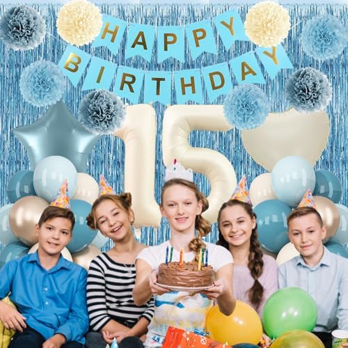Dusty Blue 15th Birthday Party Decorations Boys Beige Number 15 Balloon - Image 3