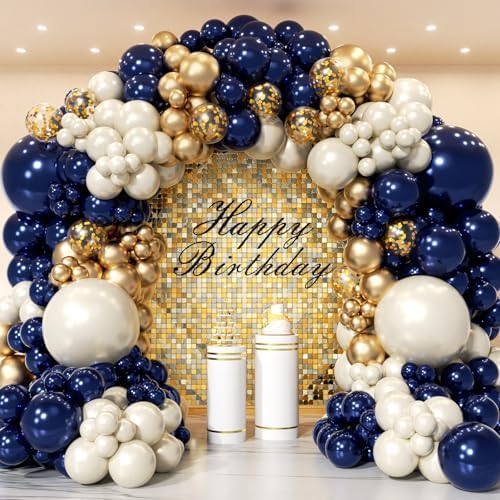 Navy Blue Gold Balloon Arch Garland Kit 153pcs, Double Stuffed Pearl White Royal Blue Chrome Gold Confetti Balloons for Birthday Graduation Baby Shower New Year Bridal Wedding Party Decoration by PTGOLUO