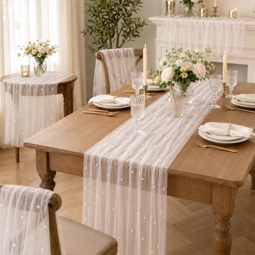 4 Pcs Pearl Table Runner 29x72 Inch White Tulle Wedding Table Decor - Image 6