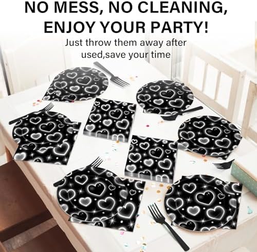 Qyeahkj 100 Pcs 2000s Party Plates Napkins Forks Set Black Heart Tableware Supplies Y2k Theme Birthday Party Decoration Early 2000s Dinnerware Decorations Favors for Birthday Party Serve 25 - Image 5