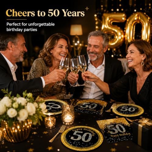 72 Pcs 50th Birthday Plates Napkins and Forks Set, 7 Inch, Back Gold - Image 7