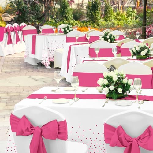 MASHAN 8Pack Disposable Plastic Party Tablecloths & Satin Table Runner Set - White Hot Pink Dot - Wedding, Birthday, Baby Shower - 54 x 108 Inch - Image 6
