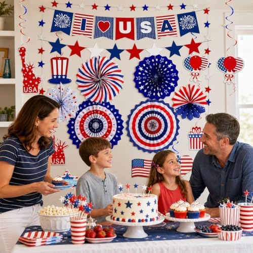 Red White Blue Party Decoration, USA Veterans Day Banner Paper Fans - Image 7