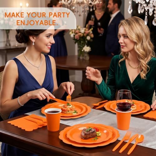 Orange Party Dinnerware Set, 175 Pcs Disposable Decagonal Paper Plates, Cups, Napkins and Plastic Cutlery, Serves 25 for Halloween, Thanksgiving and Fall Parties - Image 6