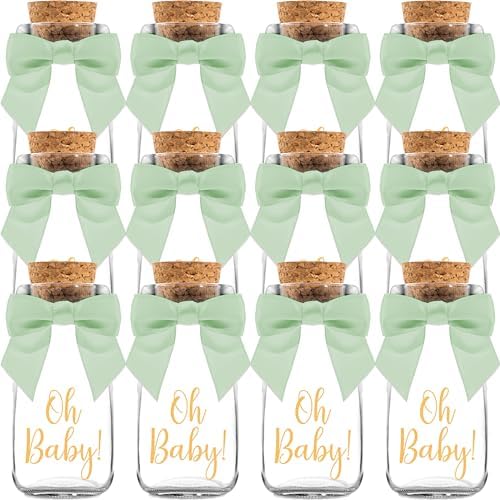 Ethisa Vintage 12 Pack Oh Baby Woodland Milk Glass Bottles with Ribbons and Stickers - Classy Baby Shower Favors for Guests and Table Centerpieces - Gender Neutral Eucalyptus Decoration - Safari Theme by Ethisa