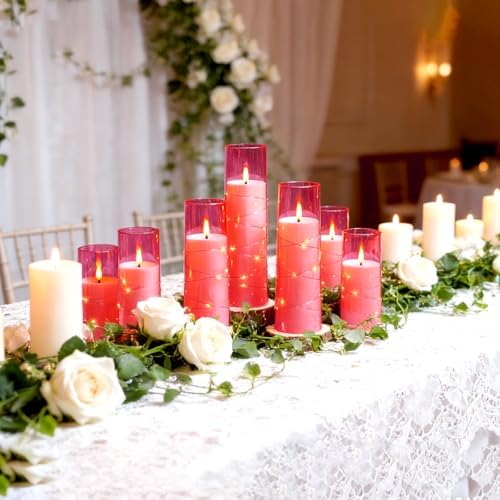 Nimiko Flickering Flameless LED Candles,Battery Operated Candles 9 Pcs with Embedded Star String,Acrylic LED Pillar Candles with Remote,Suitable for Home Decoration to Create an Atmosphere (Pink) - Image 6