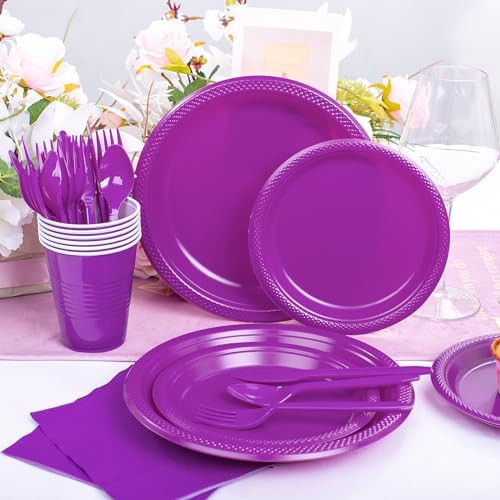 WELLIFE 210Pcs Purple Plastic Plates,Party Plates and Cups and Napkins Sets - Image 4