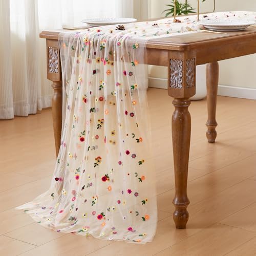 JIALE Champagne Floral Table Runner, Embroidery Daisy Seasonal Table Decorations, 120Inch 10FT 1PC Gold Tulle Fabric for Home Decor, Bridal Shower Wedding, Baby Shower Parties, DIY Craft - Image 7
