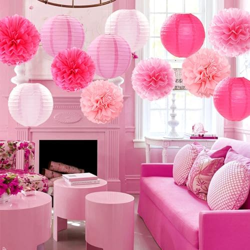 Light-Hot Pink Party-Decorations Paper-Flowers Lanterns - 15pcs Graduation Girl Birthday Decor Tissue Pom Poms Streamers, Bridal Baby Shower Wedding Bachelorette Valentine Hanging Supplies Hugfond - Image 3
