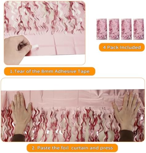 4 Pack Pink Wavy Tinsel Backdrop Curtain Party Streamers for Party Decor - Image 3