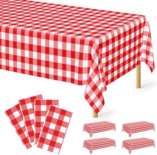 4Pack Plastic Table Cloth Ddisposable, 54" x 108" Table Cloth Rectangle Table, Waterproof Red and White Checkered Tablecloth, Outdoor Picnic Table Cover for Birthday Party Gathering Holiday Dinner by QZYL
