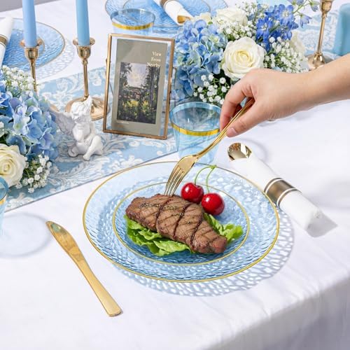 Rubtlamp 100 Guest Blue Gold Plastic Dinnerware Set,Clear Blue Disposable With Gold Rim, Hammer Fancy Party Plates Include 100Dinner Platos,100Cake Platos,100Cups,100 Pre Rolled gold Cutlery - Image 3