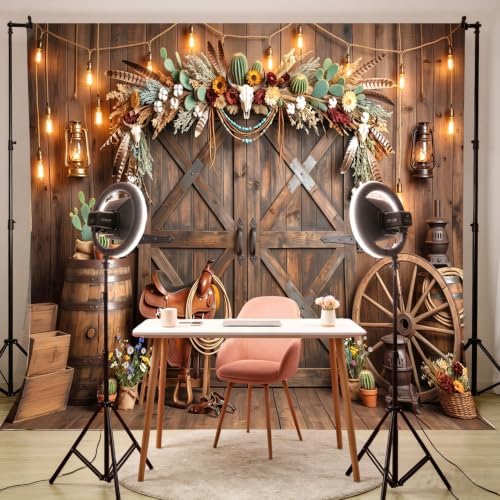 Western Cowboy Rustic Wooden Barn Door Backdrop, Wild West Cow Skull Cactus Vintage Farmhouse Photography Background for Rodeo Birthday Party Photo Booth Studio Portrait Props 10X10 FT - Image 4