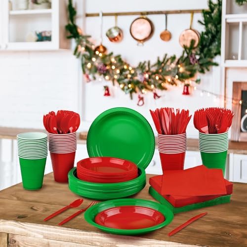 Aodaer 400 Pieces Christmas Party Supplies Red Green Plastic Dinnerware Include Plates Cups Knives Forks Spoons Paper Napkins for Christmas Birthday Wedding Parties, Serve 50 Guests - Image 4