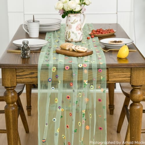 Artoid Mode 3PCS Sage Green Embroidery Daisy Gauze Table Runner 120 Inch - Image 2