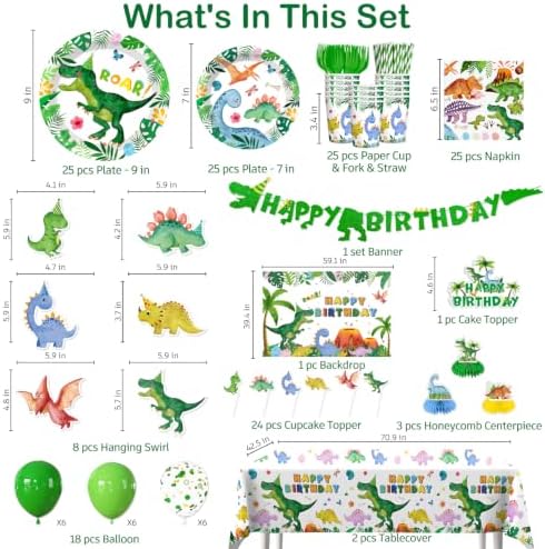 206Pcs cocomigo Dinosaur Birthday Decorations Tableware Set, 25 Serves - Image 2