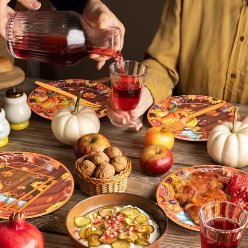 96 Pieces Thanksgiving Pumpkin Tableware Set Party Supplies - Rustic Wood Grain Disposable Dinnerware with Paper Plates, Napkins, Forks for Fall Harvest, Friendsgiving, and Thanksgiving Dinner - Image 5
