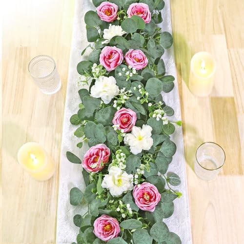 TOCHGREEN 2 Pack Artificial Eucalyptus Flower Garland with Pink White Roses by TOCHGREEN