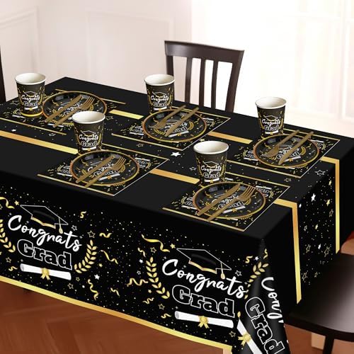 Graduation Party Decor - 147 PCS Disposable Tableware, Black & Gold Congrats Grad Decor, Tablecloth, Knives, Forks, Plates, Napkins, Cups - Serves 24 - Image 6