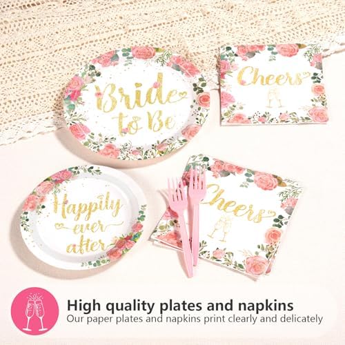 Grencian 96 Pcs Bachelorette Party Decorations Rose Gold Bride Shower Plates and Napkins Bride to Be Tableware Pink Flower and Gold Bachelorette Party Supplies for Engagement Wedding Party Favors - Image 4