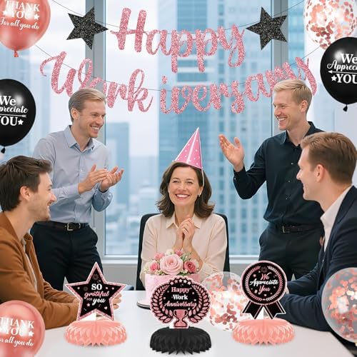 Happy Work Anniversary Decorations for Men Women Black Rose Gold Happy Workiversary Banner Honeycomb Centerpieces Balloons Decor for Office Employee Worker Anniversary Appreciation Supplies - Image 2