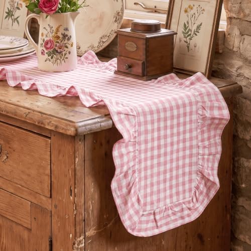 Artoid Mode Pink Farmhouse Plaid Gingham Ruffle Table Runner, Seasonal Scalloped Spring Kitchen Dining Table Decoration for Home Party Decor 13x90 Inch - Image 3