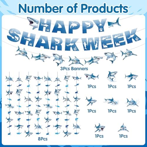 Happy Shark Week Decorations, 15PCS Shark Birthday Party Banners with Hanging Swirls Decorations, Ocean Nautical Fish Hanging Garland Banners Decor - Image 3