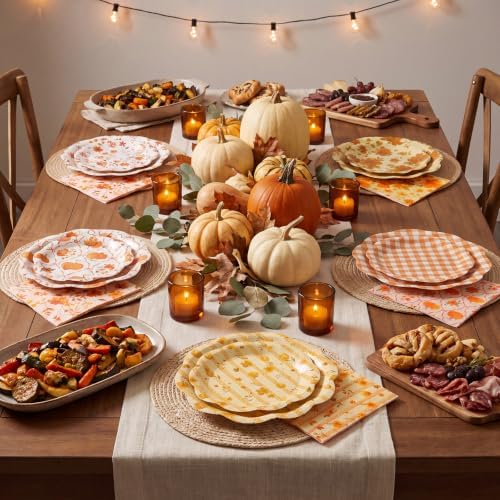 NatNarr 150 Pcs Fall Plates and Napkin, Orange White Fall Floral Dinnerware - Image 6
