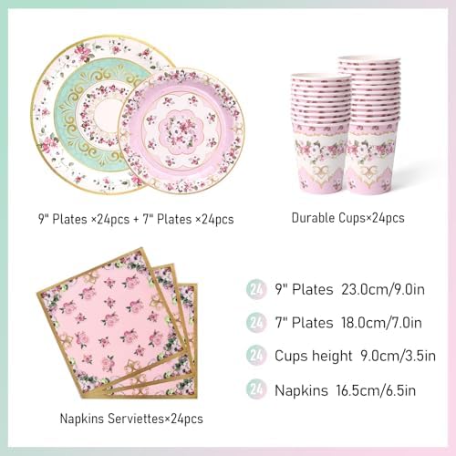 96 PCS Floral Paper Plates, Pink and Green Vintage Floral Paper Plates and Napkins Party Supplies for Birthday Bridal Shower Picnic Tea Time, Serve for 24 Guests - Image 2