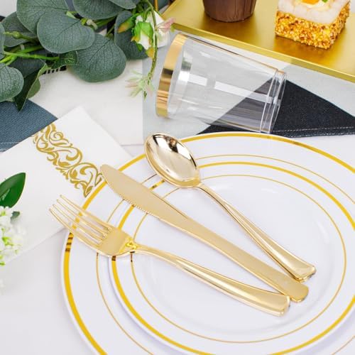 350 Pieces White and Gold Plastic Plates - 50 Guest Dinnerware Set Include 100 Plates, 50 Gold Plastic Silverware, 50 Paper Napkins and 50 Cups for Wedding/Baby Shower/Birthday/Party - Image 4