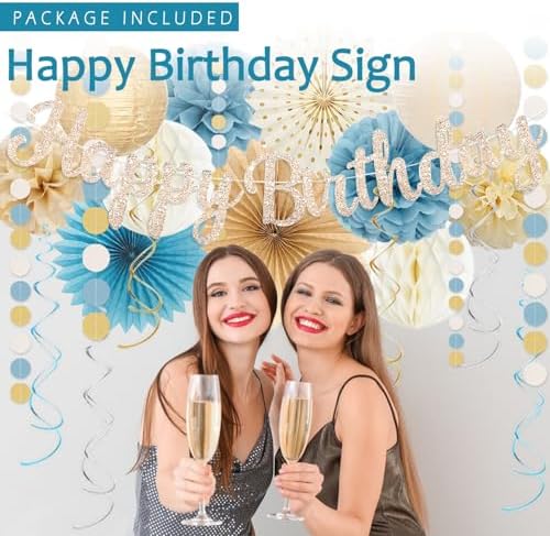 Dusty Blue Beige Champagne Women Birthday Decorations, Boho Neutral Boys Girls Blue Party Décor With Fog Cream Gold Balloons,Happy Banner Garland,Paper Lanterns, Honeycomb Tissue Pom Poms For Adults - Image 2