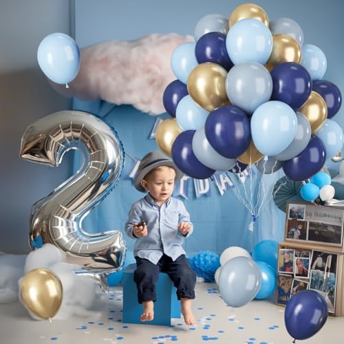 Jobkoo Navy Blue Gold Balloons, 12 Inch Dusty Light Blue Golden Latex Balloon Set for Boys Birthday Winter Wonderland Wedding Baby Shower Party Decorations - Image 5