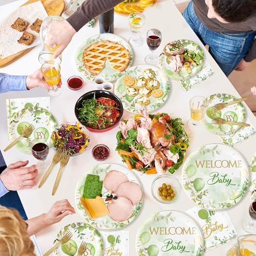 96Pcs Welcome Baby Greenery Baby Shower Sage Green Balloon Party Plates Supplies Tableware Decorations Disposable Paper Plates Napkins Forks for Birthday Gender Reveal, Serves 24 - Image 5