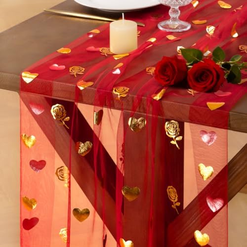 Gold Gauze Table Runner Red Heart Sheer Romantic Wedding Party Table Decor by Socomi