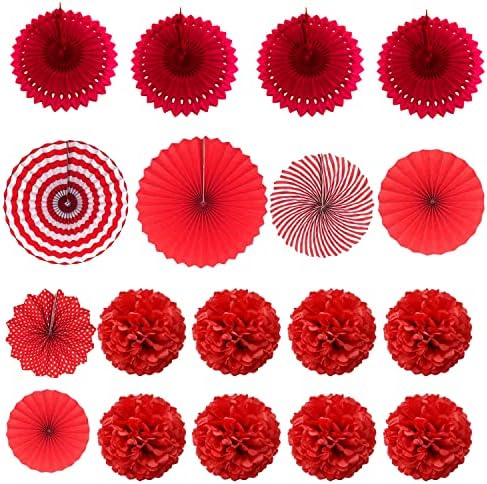 ZERODECO Party Decoration, 21 Pcs Red Hanging Paper Fans Pom Poms Flowers, Garlands String and Triangle Bunting Flags for Birthday Parties Baby Showers Wedding - Image 7