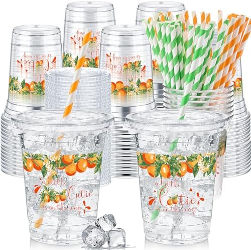 Pickmesh 50 Pcs Little Cutie Baby Shower Plastic Cup with Lid Straw, 12 oz by Pickmesh