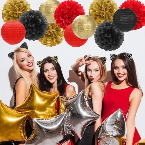 Red-Black Gold Party-Decorations Paper Flowers Lanterns - 15PCS Casino Theme Halloween Tissue Pom Poms Streamers,Game Night Women Men Birthday Wedding Bachelorette Hanging Supplies Decor Hugfond - Image 6