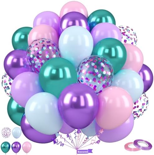 Mermaid Balloons, 50 Pcs Pink Teal Purple for Girls Princess Birthday Party by Saxuxu