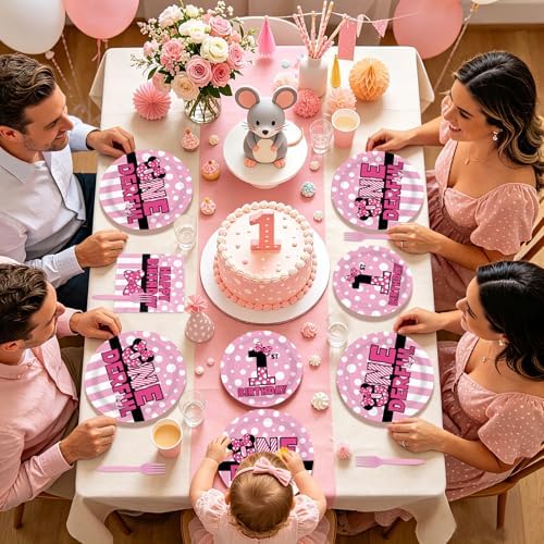 96Pcs Pink Mouse One Year Old Birthday Decorations, Serves 24 - Image 7