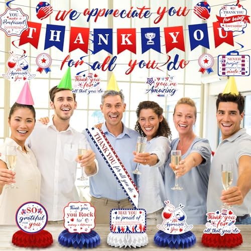 We Appreciate You Party Decorations Red Blue Thank You for All You Do Banner Honeycomb Centerpieces Hanging Swirls for Men Labor Day Office Employee Pastor Teacher Doctor Appreciation Party Supplies - Image 4
