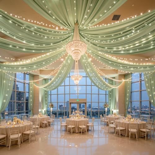 6 Panels Green Ceiling Curtains with Lights for Weddings - 5ftx30ft Wrinkle-Free Tulle Fabric Wedding Arch Draping Ceiling Drapes Decorations for Wedding Party Ceremony Stage Tent Event by Unknown