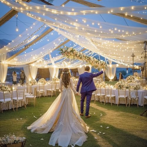 Ivory Ceiling Drapes with Lights String for Weddings, 6 Panels 5ftx20ft Sheer Tulle Backdrop Photo Background Drapes for Wedding Ceremony Birthday Party Arch Decoration - Image 6