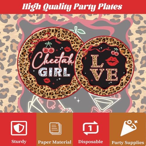 Cheetah Print Birthday Decorations - 96 Pcs Cheetah and Cherry Party Plates Napkins Forks Tableware Set, Red Leopard Print Supplies for Women Birthday Party Serves 24 - Image 4
