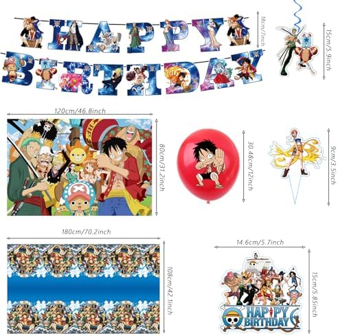 46PCS One Piece Birthday Party Supplies:Luffy Banner, Cake Topper, Tablecloth, Backdrop, Cupcake Toppers, Balloons, Aluminum Balloons - Image 2
