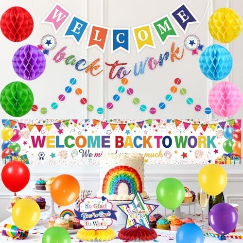 23pcs Welcome Back to Work Decorations Office Colorful Welcome Back to Work Banner Balloons We Missed You So Much Backdrop Table Centerpieces Pompoms Circle Dot Garland for Back to Work Office - Image 3