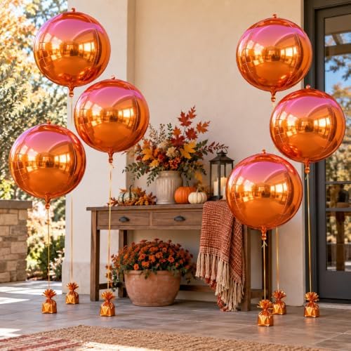 Metallic Pink Orange Round Foil Balloons, 22 Inch 6 Pcs 4D Fall Balloon - Image 4