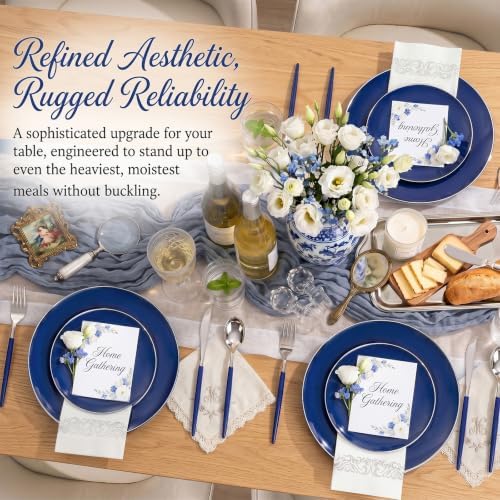 KIRE 175Pcs Blue Plastic Plates with Silver Rim & Disposable Silverware with Blue Handle & Silver-rim Cups & Hand Napkin & Plastic Dinnerware for Parties/Wedding/Hanukkah/Christmas - Image 2