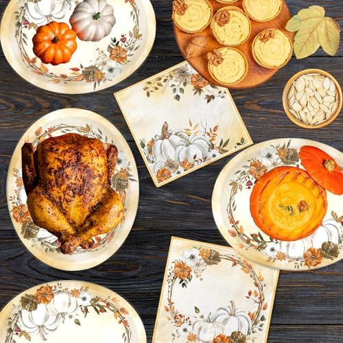 White Pumpkin Paper Plates and Napkins Serve 50, Boho Oval Fall Plates 10" x 12" with 6.5" Napkins Floral Autumn Tableware Fall Party Decorations for Birthday Baby Shower Bridal Shower Thanksgiving - Image 5