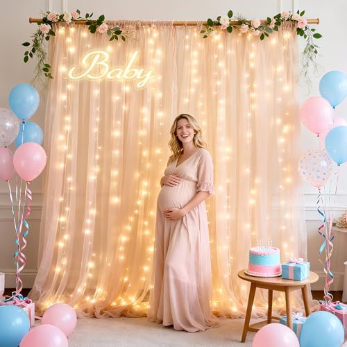 Ledido 10×10ft Champagne Tulle Backdrop Curtain with Light(2 Panels 5×10ft) - Image 6